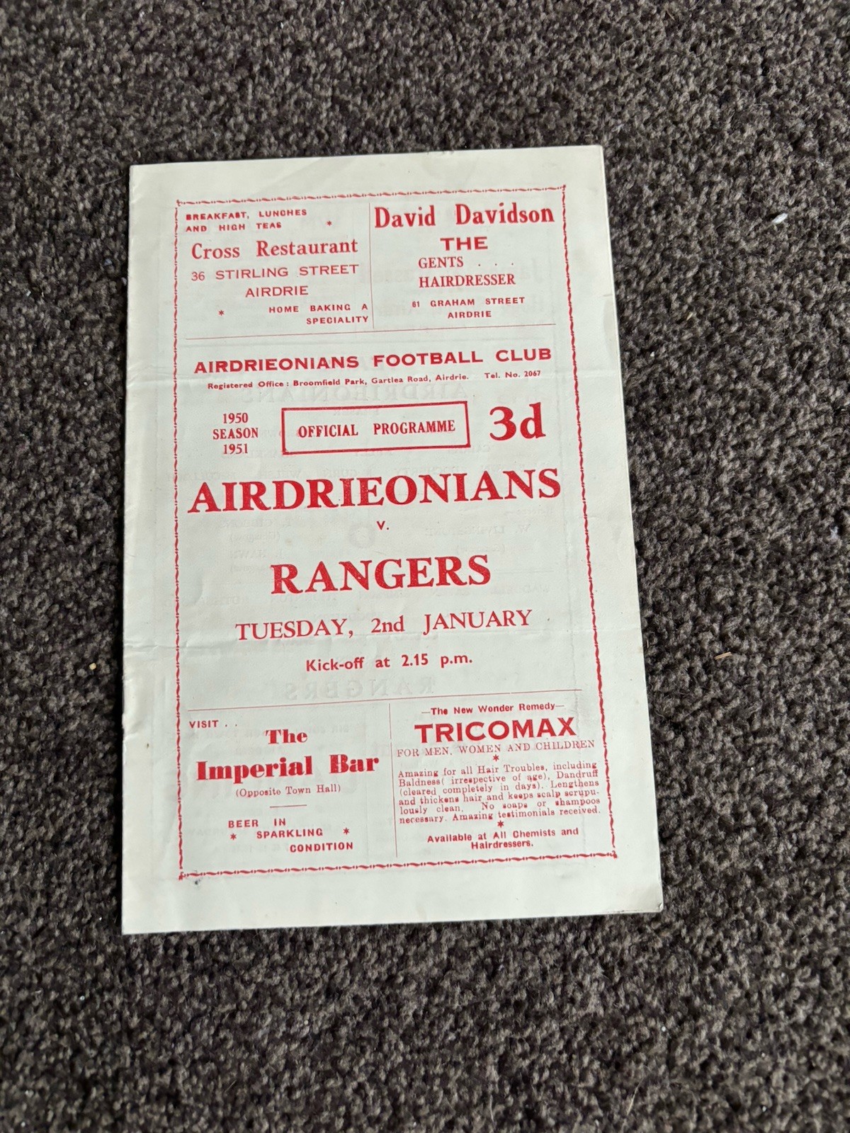 Airdrieonians V Rangers Football Programme Scottish League Div A 2/1/1951 for sale on Ebay