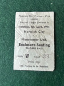MANCHESTER UNITED RELEGATION SEASON  AWAY TICKET V NORWICH CITY 6APRIL 1974 for sale on Ebay