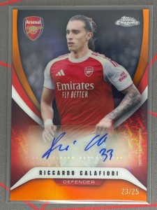 2025-26 Topps Chrome Arsenal Riccardo Calafiori Orange Auto /25 for sale on Ebay