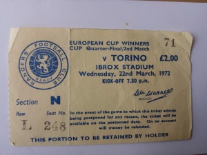 RANGERS V TORINO TICKET 22/3/1972 EUROPEAN CUP WINNERS CUP QUARTER FINAL IBROX for sale on Ebay