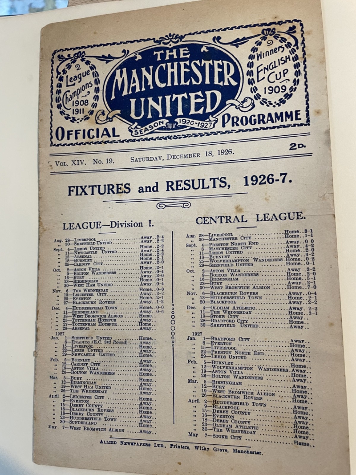 Manchester United football programme Saturday December 18th 1926 for sale on Ebay