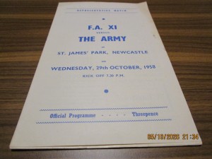 NEWCASTLE UTD : F.A. XI  v  THE ARMY  1958/9 OCT 29 inc. BRIAN CLOUGH boro derby for sale on Ebay