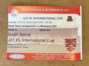 West Ham U21 v AS Monaco U21 Premier League International Cup Match Ticket 20/10 for sale on Ebay