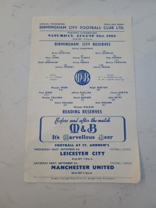 Birmingham city Reserves V Reading 31.8. 1963  Football Combination Single Sheet for sale on Ebay