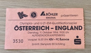 Austria v England U21 1994 European Championship Qualifier Ticket for sale on Ebay