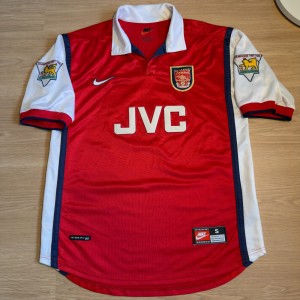 Arsenal 1998/99 Home Shirt Bergkamp + PL Champions Patches - Small for sale on Ebay
