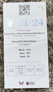 Aston Villa v Wolverhampton Wanderers Football Ticket 30 Mar 2024 2023/24 for sale on Ebay