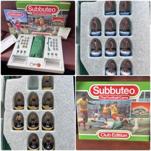 Subbuteo Club Edition & 2 teams peach and blue kit and yellow black strips  for sale on Ebay