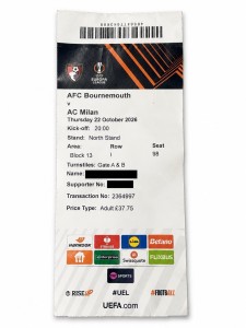 AFC Bournemouth v AC Milan Ticket Stub 22 October 2026 Europa League Souvenir for sale on Ebay