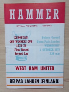 1/10/1975 West Ham United v Reipas Lahden Programme, European Cup Winner’s Cup for sale on Ebay