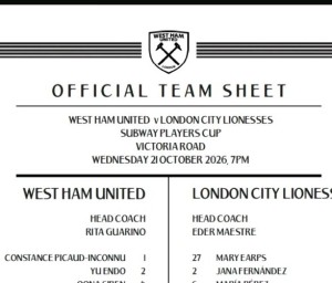West Ham United Women v London City Lionesses Women B&W Teamsheet 21/10/26 for sale on Ebay