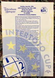 1995/96 Tottenham Spurs v FC Luzern @ Brighton, Intertoto Cup 25 June 1995 for sale on Ebay