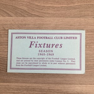 Aston Villa Fixture List 1968-69.  vgc for sale on Ebay