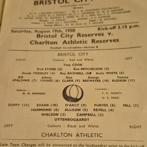 1950 Football Combination bristol city res v charlton athletic res 19.8.1950 for sale on Ebay