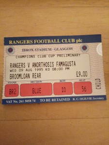 Rangers V Anorthosis Famagusta Ticket 9/8/1995 European Cup for sale on Ebay