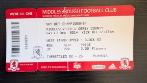 Matchday Ticket Middlesbrough v Derby County 13/12/14 Championshi for sale on Ebay
