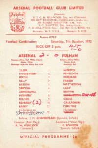 Arsenal Reserves v Fulham (Combination) 1972/1973 - Single card programme for sale on Ebay