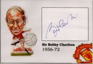 Sir Bobby Charlton. Manchester United signed  140mm x 95mm Card for sale on Ebay