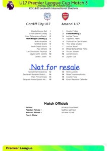 2026/27 ARSENAL v CARDIFF CITY. U17 PL CUP TEAMSHEET. 20 OCT 2026. MATCH 3. for sale on Ebay