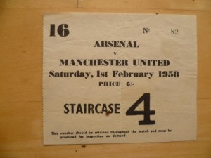 Original ticket Arsenal v Manchester Utd 1st Feb '58 last game before Munich for sale on Ebay