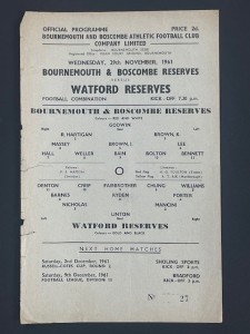 1961/62 BOURNEMOUTH RESERVES V WATFORD 29-11-1961 FOOTBALL COMBINATION for sale on Ebay