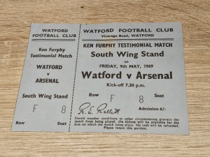 FULL TICKET STUB- KEN FURPHY TESTIMONIAL- WATFORD V ARSENAL- 9TH MAY 1969 for sale on Ebay