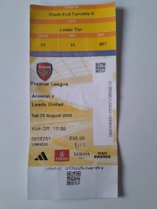Arsenal 5-0 Leeds United Original Paper Ticket Max Dowman Debut 23/08/2025  for sale on Ebay
