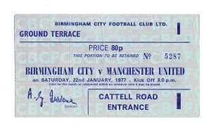 BIRMINGHAM CITY v Manchester United match ticket stub 22.01.77 FREE POSTAGE (UK) for sale on Ebay