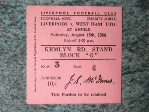 LIVERPOOL V WEST HAM 1964 FA CHARITY SHIELD ORIGINAL USED TICKET STUB VERY RARE for sale on Ebay