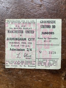 GREEN TICKET STUB MANCHESTER UNITED V BIRMINGHAM CITY FA CUP 5TH RD REPLAY 1969. for sale on Ebay