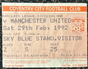 1992 Coventry City V Manchester United Match Ticket Stub Football 1990s 29th Feb for sale on Ebay