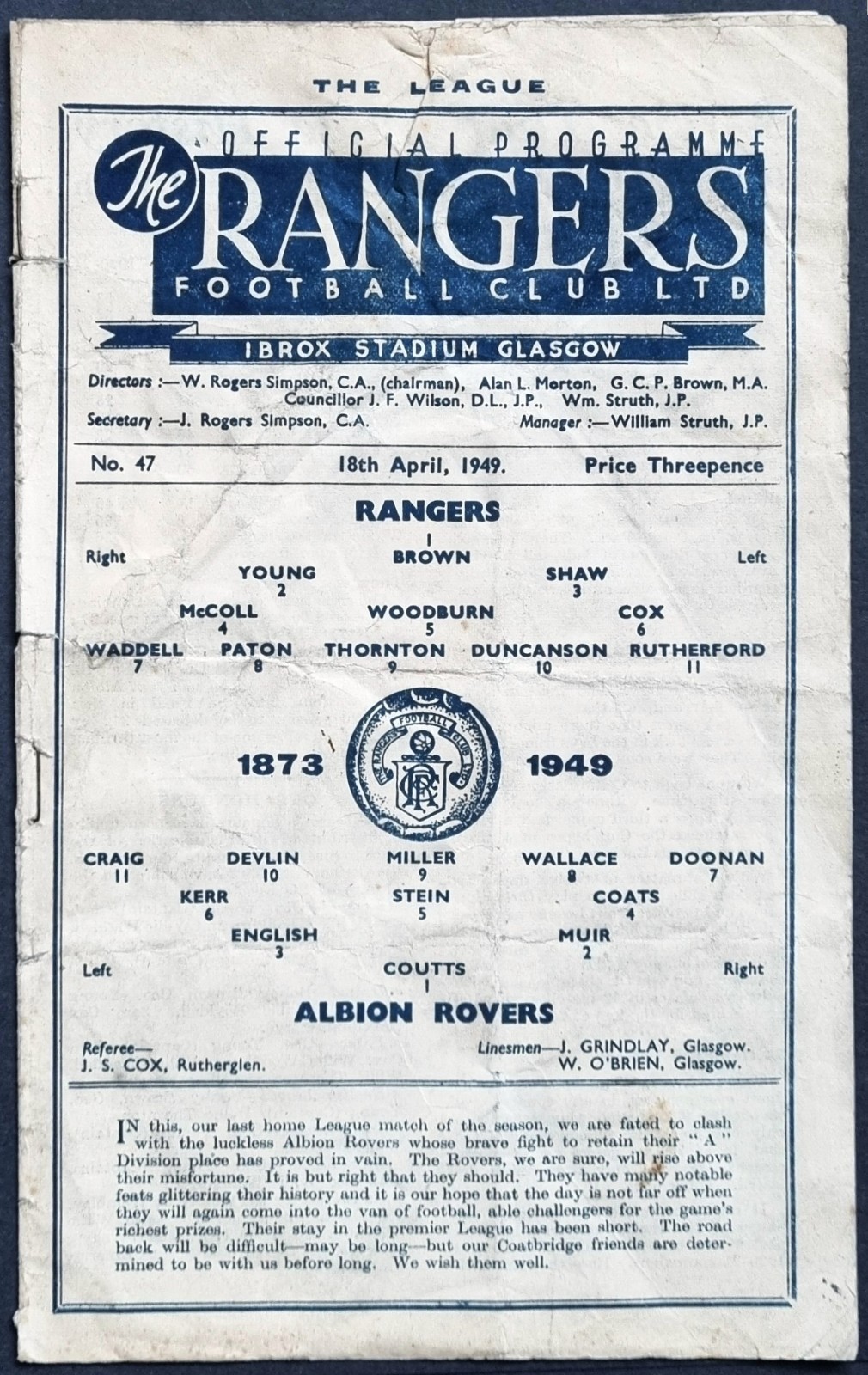 Rangers v Albion Rovers  (No 47)  League  18th April 1949 for sale on Ebay