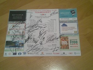 lincoln city v morecambe team sheet signed by 18 lincoln players 2021/22 season for sale on Ebay