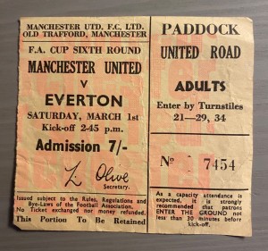 Manchester United v Everton FA Cup 1st March 1969 ticket stub for sale on Ebay