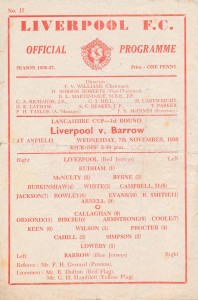 Liverpool v Barrow (Lancashire Senior Cup) 1956/1957 for sale on Ebay