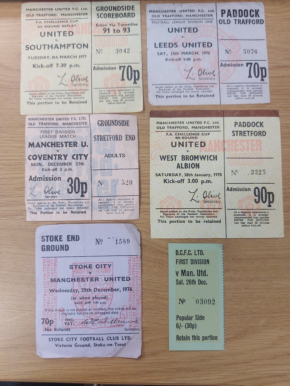 6 OFF MANCHESTER UNITED TICKETS 1970'S HOMES AND AWAYS for sale on Ebay