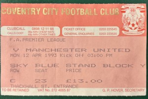 1993 Coventry City V Manchester United Match Ticket Stub Football Away for sale on Ebay