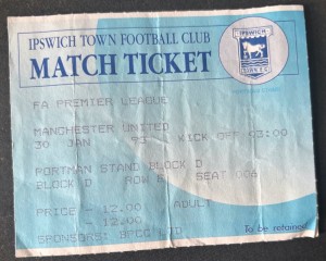 Ipswich Town v Manchester United ticket stub Premier League 30th January 1993 for sale on Ebay