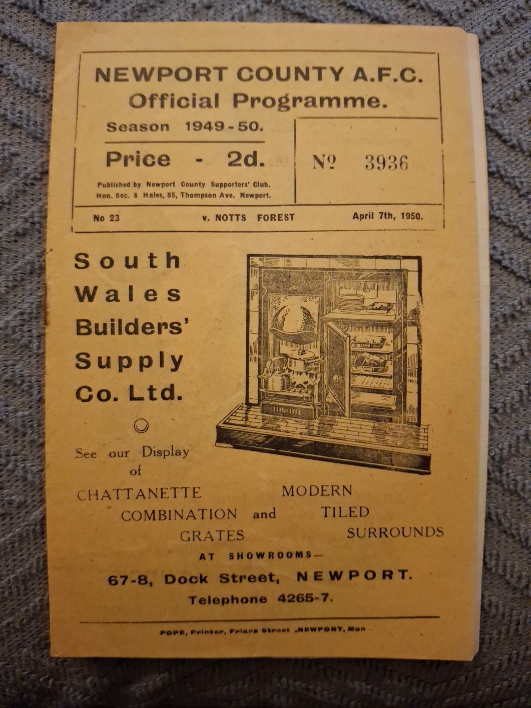 Newport County v Nottingham Forest programme.  7/4/1950 for sale on Ebay