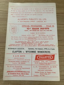 CLAPTON v WYCOMBE WANDERERS PROGRAMME - ISTHMIAN LEAGUE - 03/01/1970 for sale on Ebay