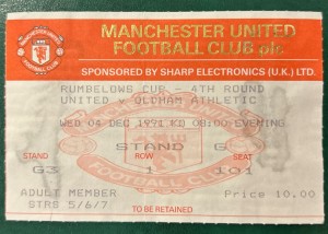 1991 Manchester United V Oldham Athletic Rumblelows Football Match Ticket Stub for sale on Ebay