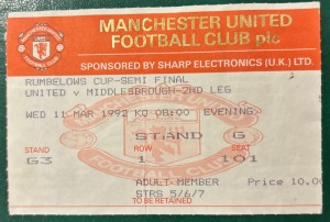 1992 Manchester United V Middlesbrough Rumblelows Football Match Ticket Stub for sale on Ebay