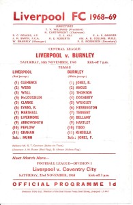 Liverpool Reserves v Burnley (Central League) 1968/1969 for sale on Ebay