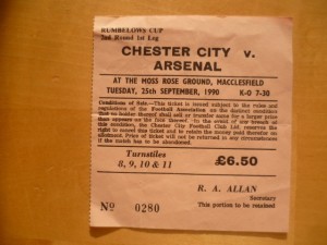 Ticket Chester City v Arsenal 1990 Rumbelows Cup for sale on Ebay