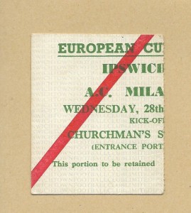 IPSWICH TOWN V AC MILAN November 28, 1962 1st Rd EUROPEAN CUP TICKET STUB for sale on Ebay