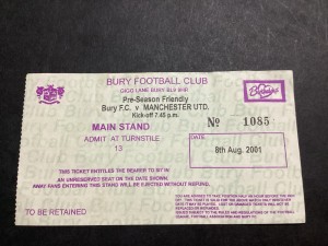 Bury FC v Manchester United friendly ticket stub 8th August 2001 for sale on Ebay