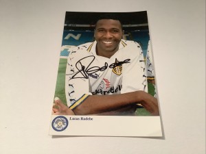 SIGNED LUCAS RADEBE OF LEEDS UNITED COLOUR PLAYER PHOTO FROM CLUB SHOP 1990’s for sale on Ebay