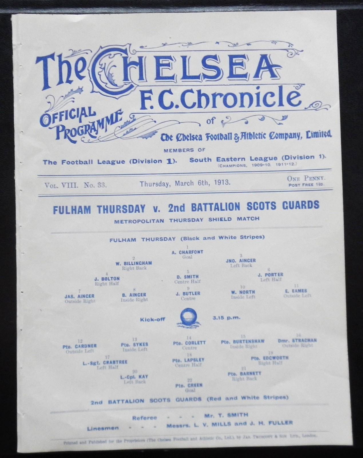 @ Chelsea - FULHAM THURSDAY v 2nd BATTALION SCOTS GUARDS  1912/13 - SHIELD MATCH for sale on Ebay