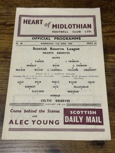 55/56 Hearts Heart Of Midlothian V Celtic RESERVES     Football Programme for sale on Ebay