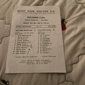1962/3 West Ham Colts v Fulham Colts. London Minor cup semi final. Single sheet. for sale on Ebay